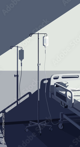 Clinical Setting Depicting Hospital Bed and IV Drips with Stark Lighting and Shadow Play