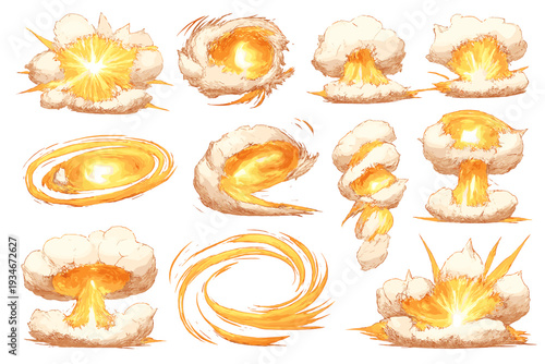 Different kinds of explosion cloud shapes shown in various designs and