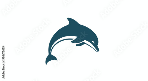 Dark blue dolphin silhouette jumping out of water on a white background with a playful mood.