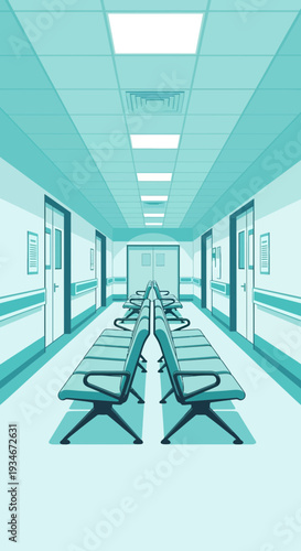 Clinical Waiting Area Perspective With Blue Tones And Empty Seats, Modern Healthcare Design