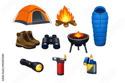 Camping gear items including a tent sleeping bag flashlight and