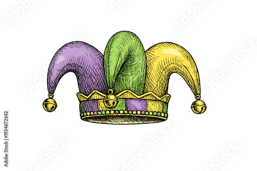 Colorful jester hat with three points in purple green and yellow with