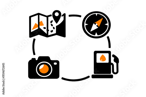 Travel planning involves a map compass camera and fuel station for