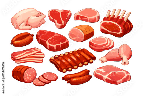 Different types of meat displayed on a white background showing