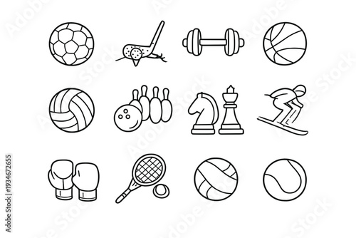 Variety of sports and games icons showing different activities and