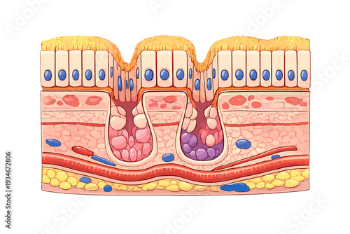 Detailed view of skin structure showing layers cells and functions at