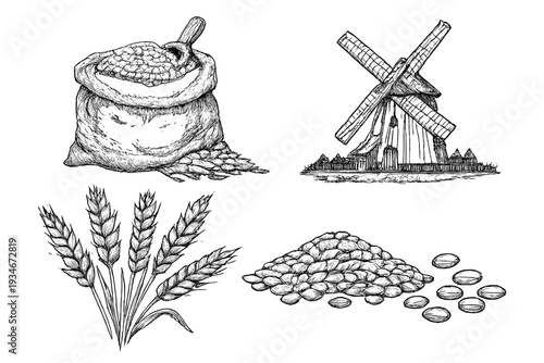Various agricultural elements including a sack of grains wheat stalks
