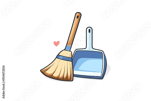Cleaning tools are shown in a simple and clear design with a broom and