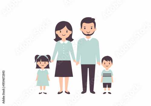Family of Four Standing Together Illustration.