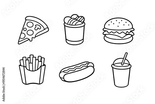 Various types of fast food items arranged on a plain background