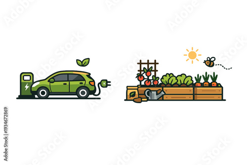 Electric car charges while garden grows with vegetables under sun