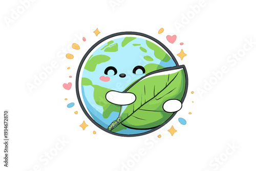 Cartoon earth character hugs a large green leaf with hearts and stars