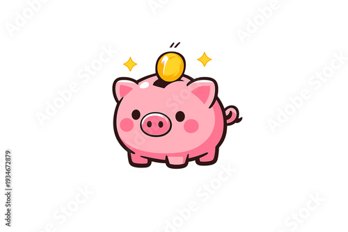 Cute pink piggy bank with a coin on its head and sparkles around it