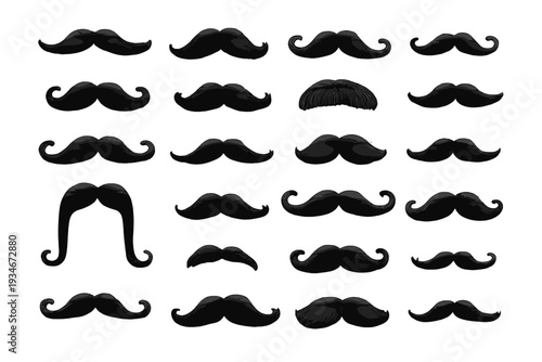 Different styles of black mustaches arranged in a grid for display or