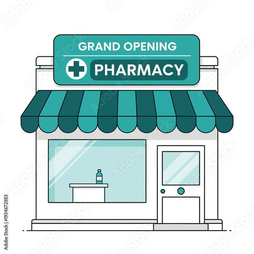 Colorful Illustration of a New Pharmacy Building with a Grand Opening Signage Ready for Business