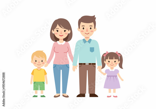 Happy Cartoon Family with Two Children.