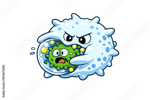 Cartoon scene shows a large white blood cell attacking a smaller green
