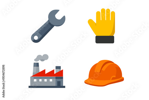 Construction tools and safety gear are shown in a simple arrangement