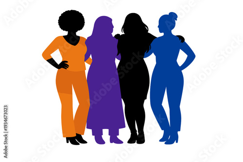 Four women standing together in diverse styles and colors during a