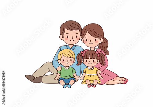 Schilderij op canvas Happy Cartoon Family Sitting Together Smiling.