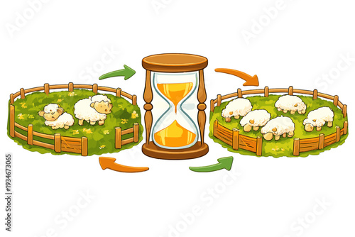 Sheep in two pastures with hourglass showing time change for farming