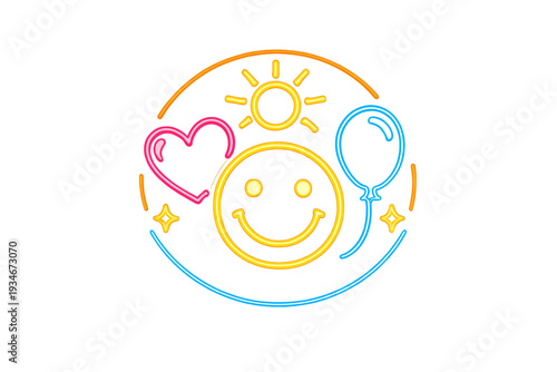 Colorful outline of a smiley face with a heart and balloon in a sunny