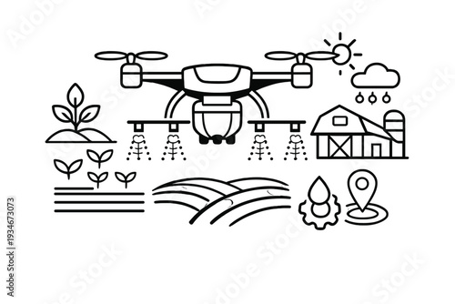 Drones used for farming to spray crops and monitor fields at a rural