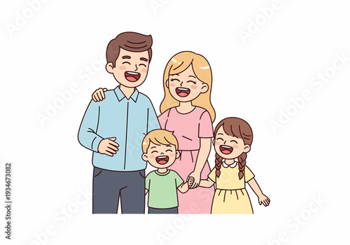 Happy Cartoon Family with Two Children.