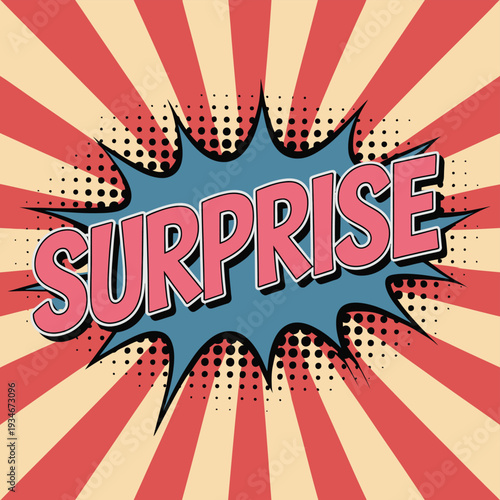 Retro poster design with “Surprise” text, colorful vector illustration in vintage style, perfect for posters, invitations, banners, social media graphics, and creative design projects.