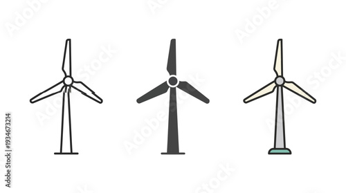 Wind Turbines Vector Illustration Set Isolated on White Background