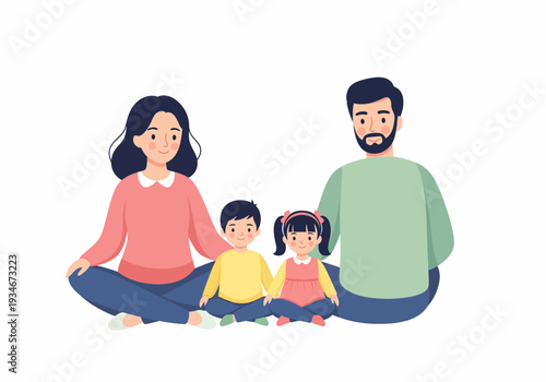 Family of four sitting together happily smiling.