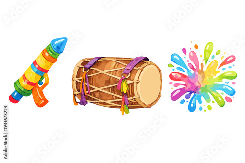 Colorful water gun drum and splash of paint for a festive celebration