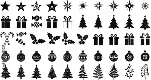 Mega Collection of Christmas Holiday Vector Icons Featuring Trees, Stars, Gifts, Ornaments, Candy Canes, Holly Leaves, and Botanical Winter Seasonal Elements