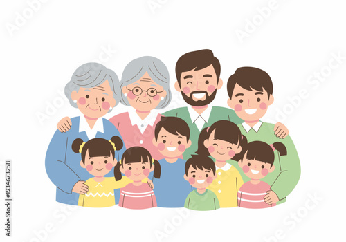 Happy Cartoon Family with Children and Grandparents.