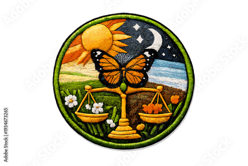 Sun moon butterfly and scales in nature scene with flowers and