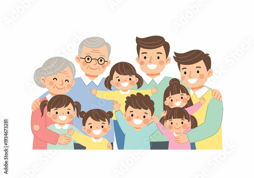 Happy Cartoon Family Group Portrait Illustration.