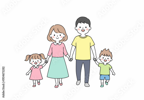Happy Cartoon Family with Two Children Holding Hands.