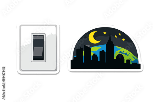Light switch and city skyline design feature a planet and night sky