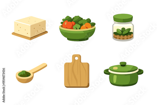 Ingredients for cooking with tofu vegetables and seasoning tools on a