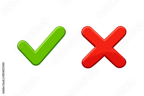Check mark and cross mark symbols in flat design with simple colors on