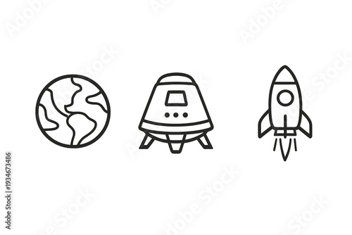 Earth space craft and rocket launch represent space exploration and