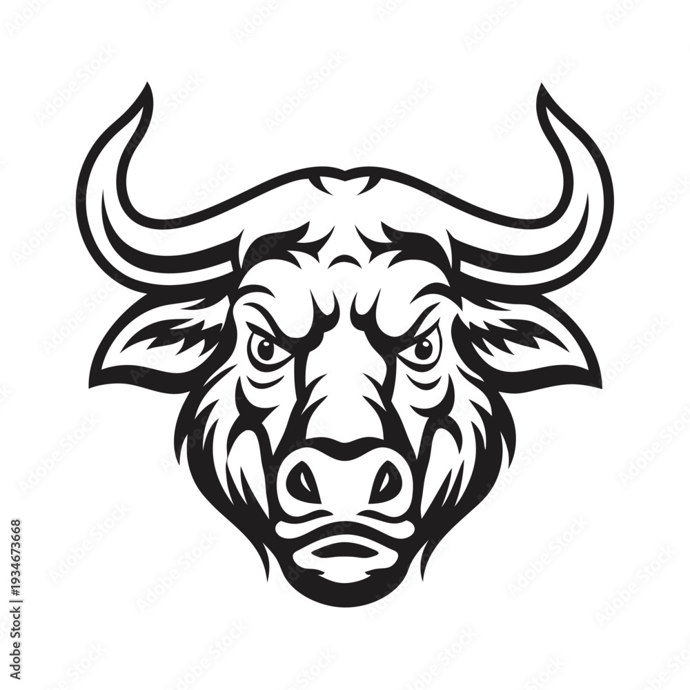 Fototapeta premium Intimidating black and white bull portrait displays fierce eyes and powerful horns clearly