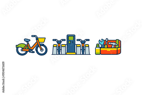 Bike-sharing station with bike rental kiosk and tools for maintenance