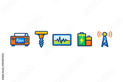 Icons representing electronic devices and tools related to