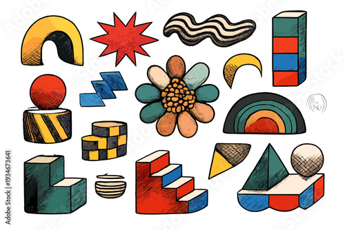 Art pieces with geometric shapes and colorful designs showcasing