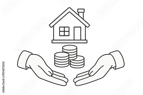 Hands holding coins with a house in the background representing real