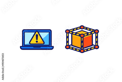 Warning sign on laptop screen next to a 3D cube with orange and yellow