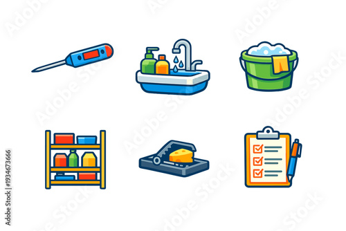 Home kitchen and cleaning supplies with tools and checklist for chores