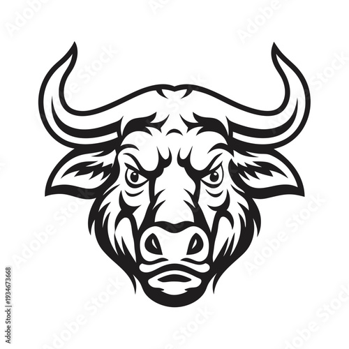 Intimidating black and white bull portrait displays fierce eyes and powerful horns clearly