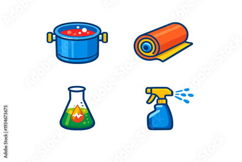 Set of items used for cleaning and science experiments in a simple and